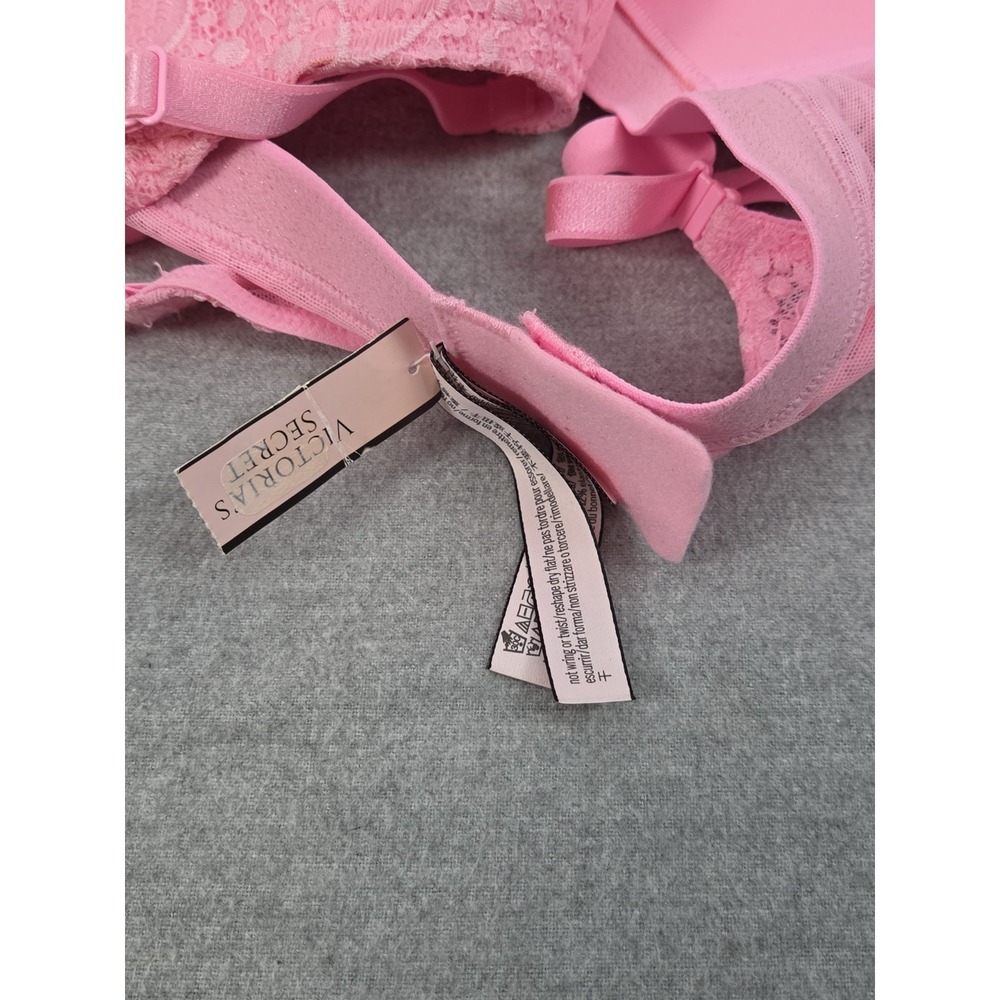 Victorias Secret Lined No Wire Wireless Bra 34D Pink All Over Lace Logo NEW - Picture 6 of 7